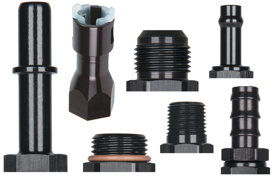different types of automotive fuel hose fittings arranged on a white background