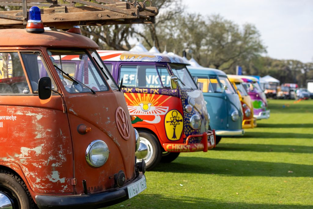 row of vintage volkswagen transporter busses at 2023 Amelia Island Concours