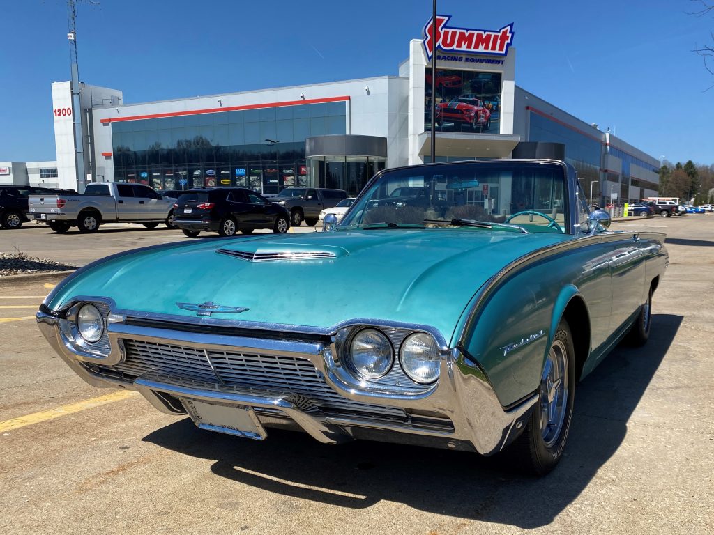 blue 1961 ford thunderbird roadster at Summit Racing in Akron, Ohio