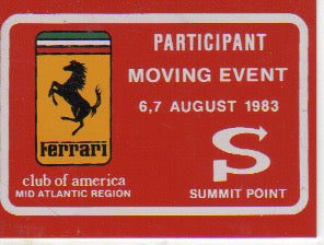 Ferrari Club of America - Summit Point Event 1983 - Participant Adhesive Badge