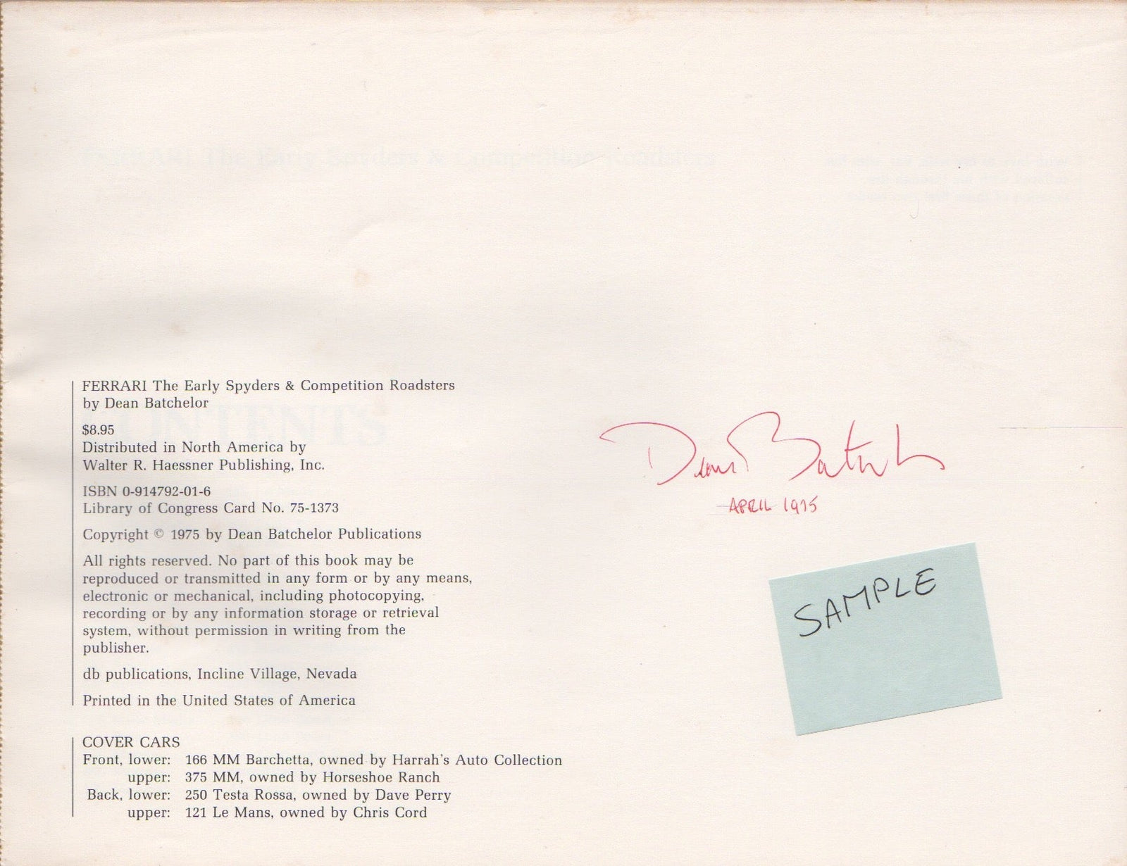 Ferrari, The Early Spyders and Competition Roadsters (1st Ed)(D Batchelor)(Signed)