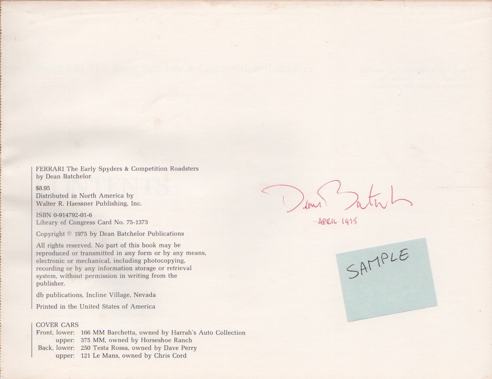 Ferrari, The Early Spyders and Competition Roadsters (1st Ed)(D Batchelor)(Signed)