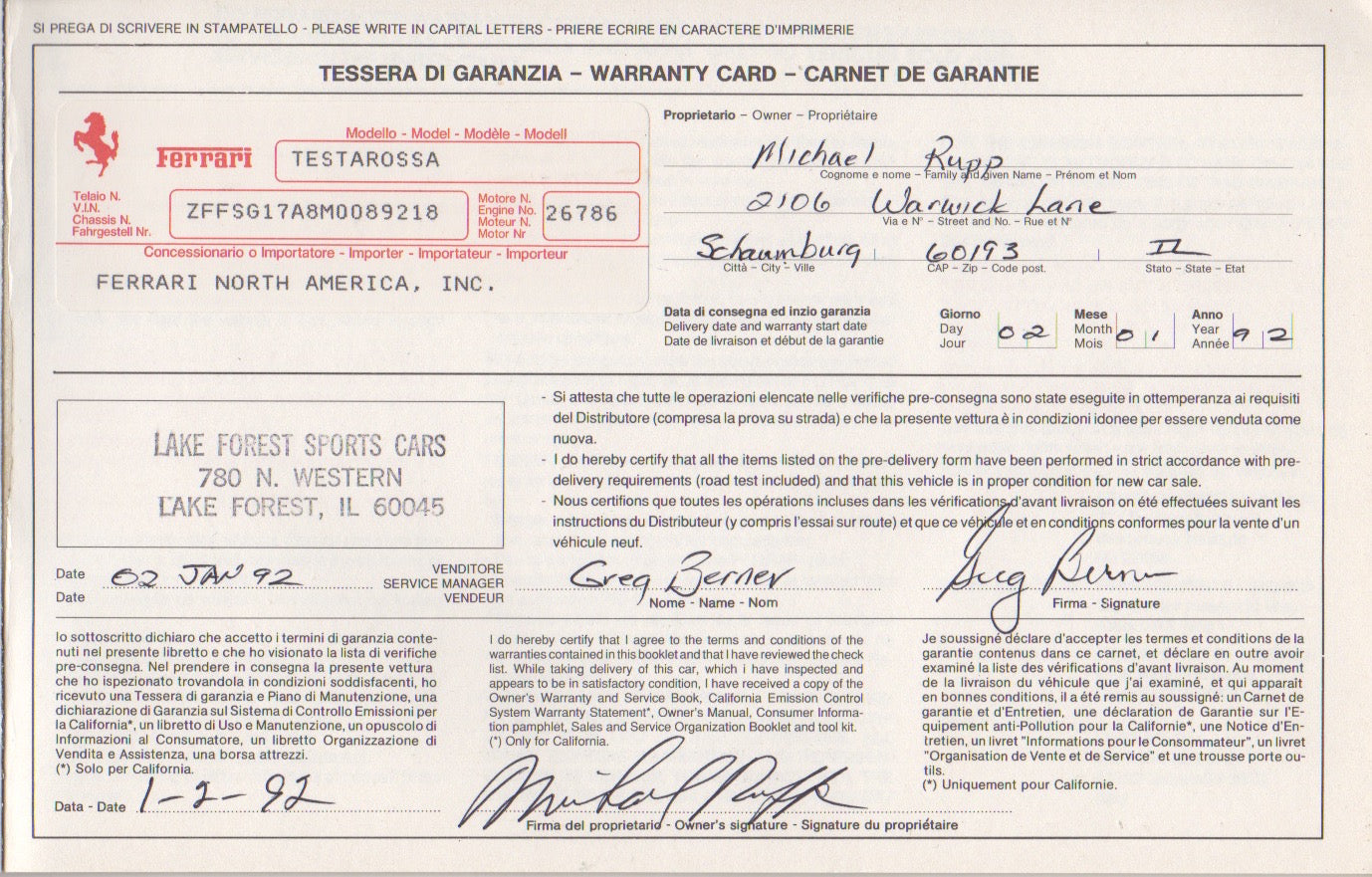 Ferrari Testarossa Warranty and Service Book 1991 Models U.S. Version (615/90)