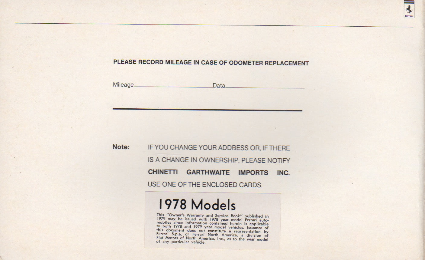 Ferrari Owner's Warranty & Service Book for 8 Cylinder 1978-1979 US Market (168 C/79)