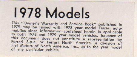 Ferrari Owner's Warranty & Service Book for 8 Cylinder 1978-1979 US Market (168 C/79)