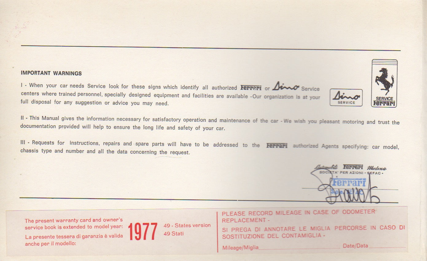 Ferrari Owner's Warranty & Service Book for 8 Cylinder 1976-1977 US Market (115/76)