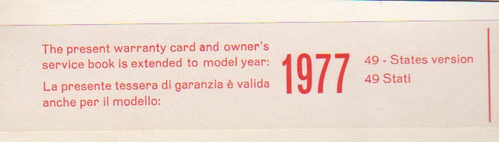 Ferrari Owner's Warranty & Service Book for 8 Cylinder 1976-1977 US Market (115/76)