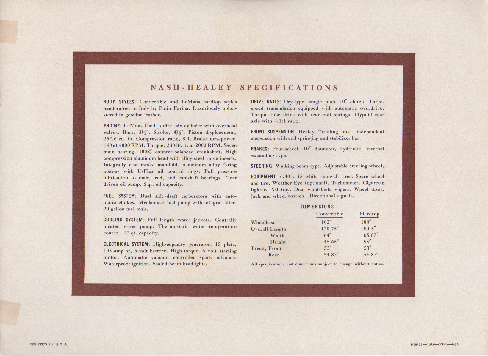 Nash Healey Brochure 1953