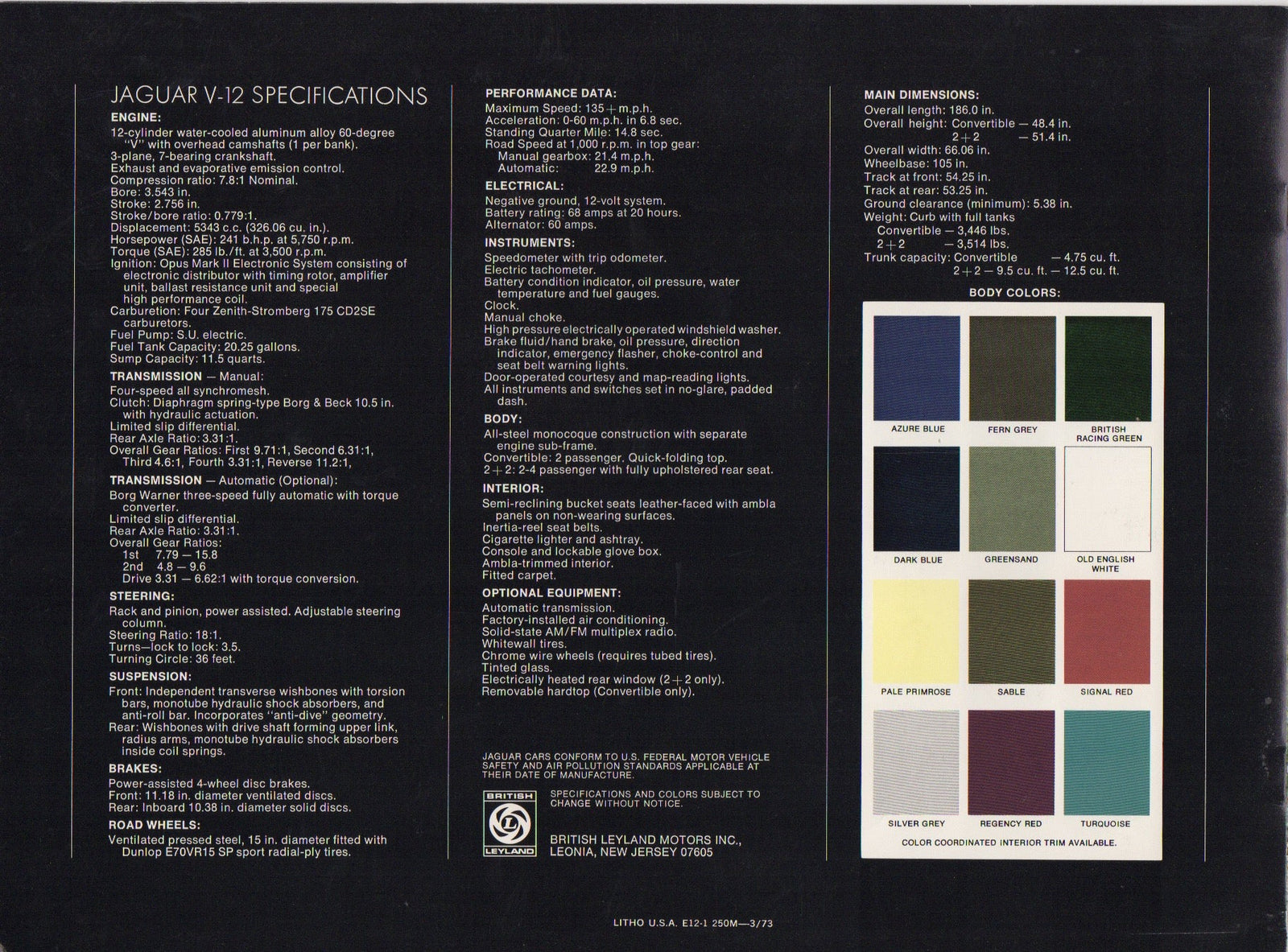 Jaguar V-12 E-Type Brochure 1973