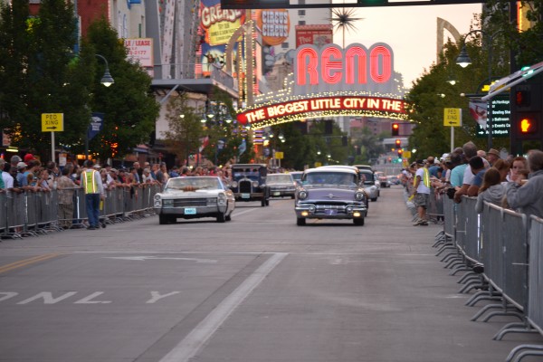 classic cars cruising down main strip in reno nevada