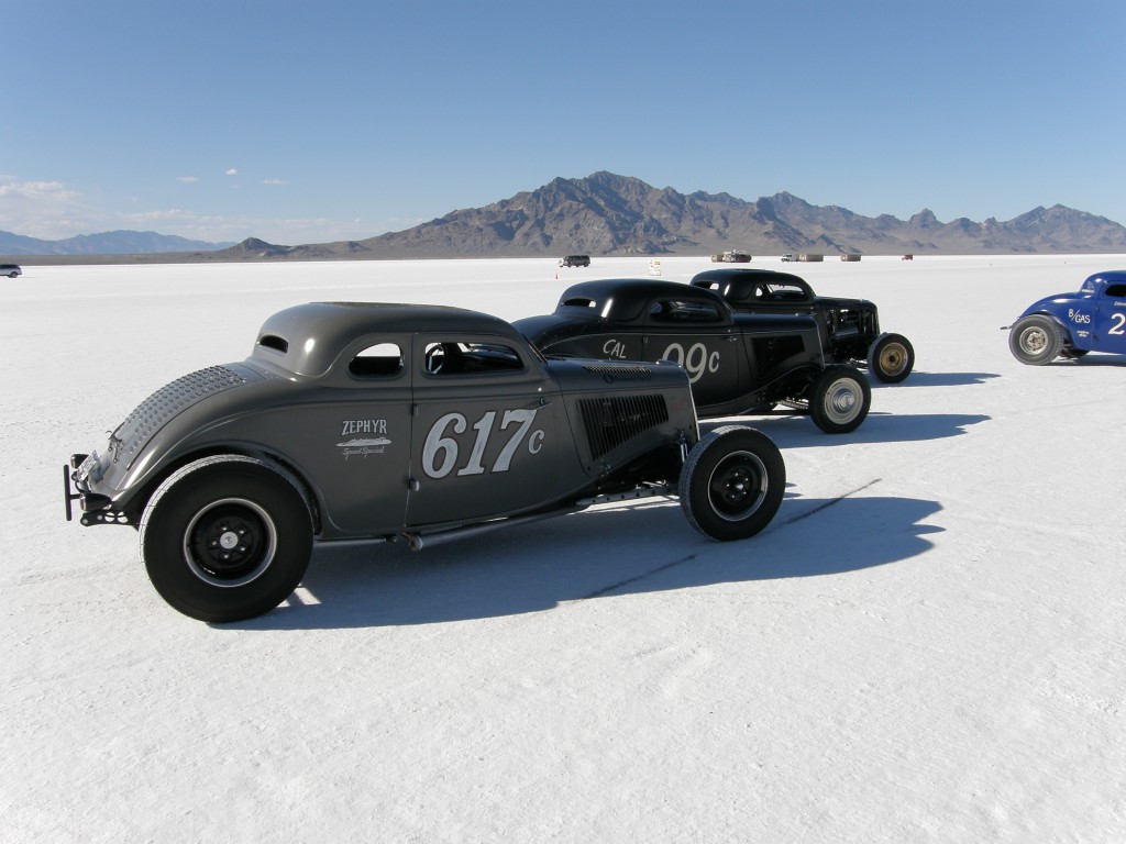 row of Land Speed Racers at Bonneville Salt Flats during Speed Week