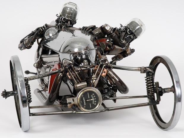 three wheel vintage race car mechanical art sculpture