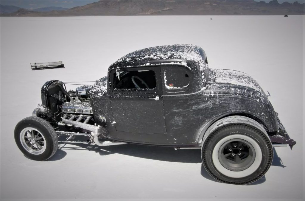 Old Ford Coupe Bonneville Salt Flats Racer covered in salt