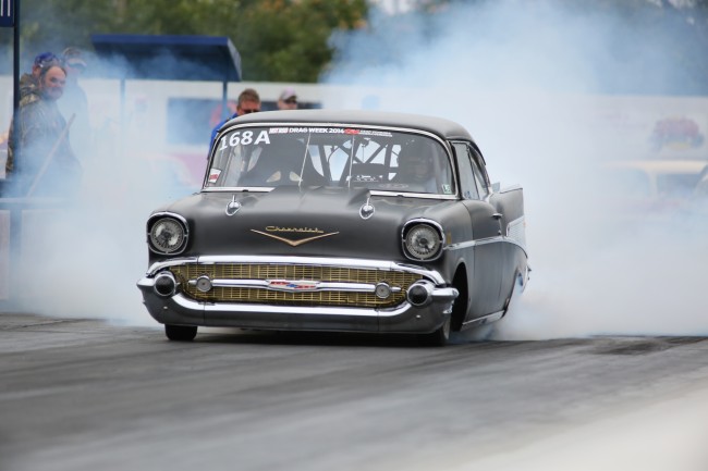 Jeff lutz doing burnout in his 1957 chevy pro mod