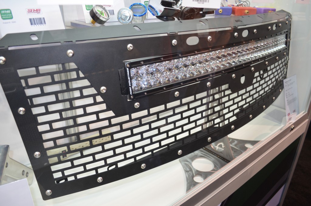 custom truck grille and light bar on display at 2014 SEMA automotive trade show