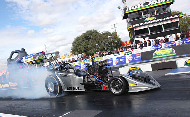 dragster doing a burnout during an australian andra drag race