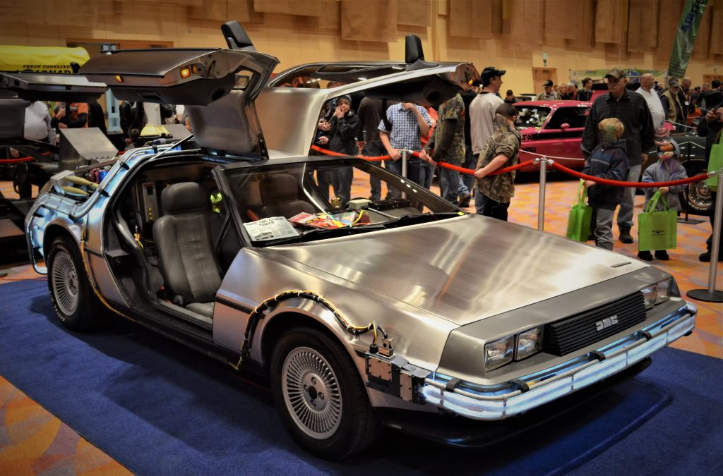 Delorean DMC-12 done up in Back to the Future Time Machine livery