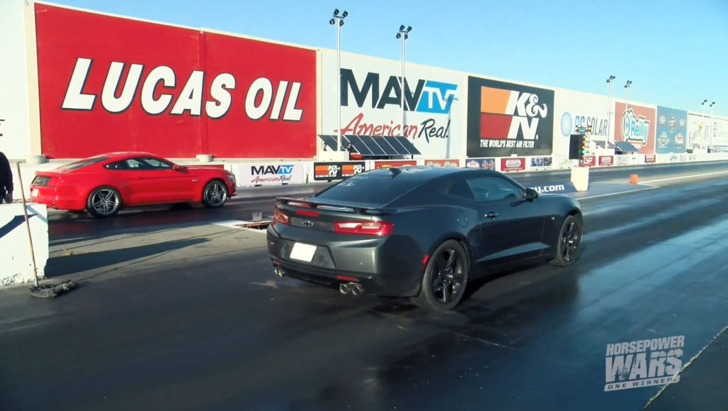 a mustang and camaro drag race on horsepower wars tv show