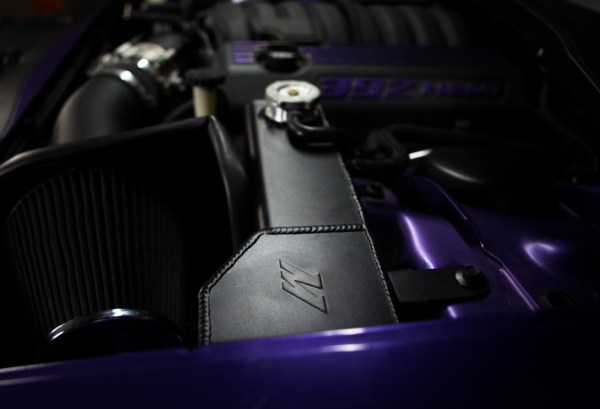 close up of M logo on a mishimoto radiator core