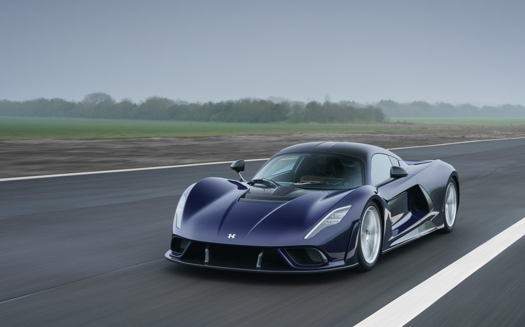 front view of a hennesey venom f5 sports car on racetrack