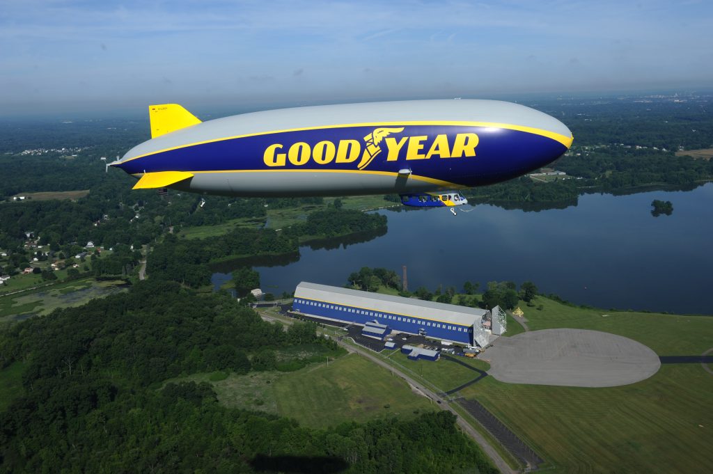 Goodyear Blimp wingfoot one flying over akron ohio lake