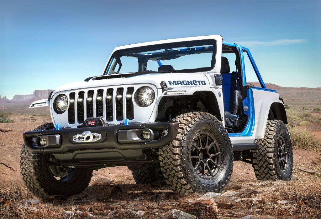 front quarter shot of the jeep wrangler magneto ev electric concept