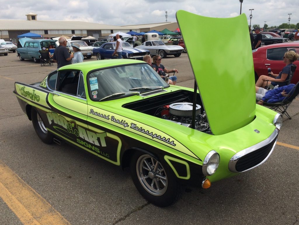 front quarter shot of volvo p1800 gasser with small block chevy v8