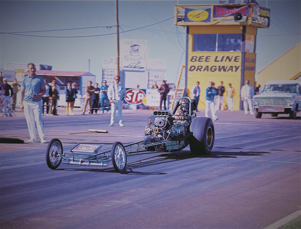 vintage photo of don garlits in a dragster at bee line dragway