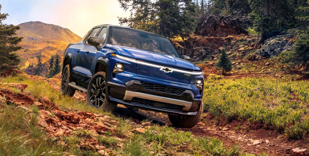 trail shot of front grille on a 2024 chevy silverado ev electric pickup truck