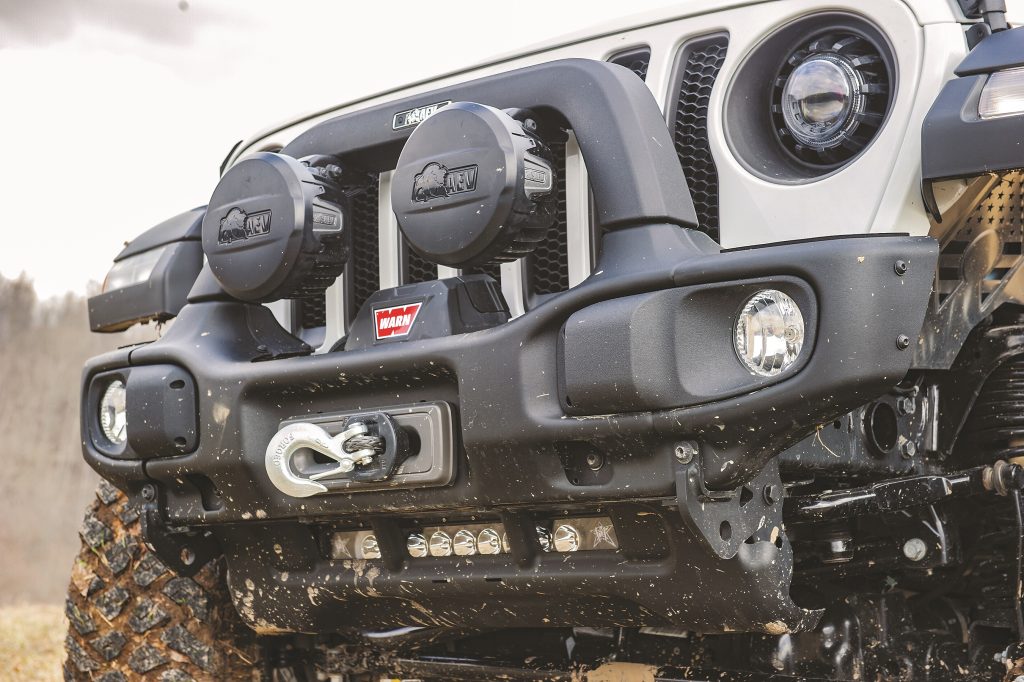 2021 jeep wranger with off road front bumper, winch, and auxiliary led lights