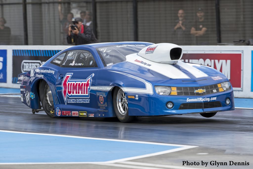 Swedish Drag Race Driver Jimmy Alund in Pro Stock Camaro at Santa Pod Raceway