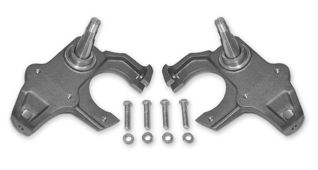 a pair of automotive suspension spindles with hardware