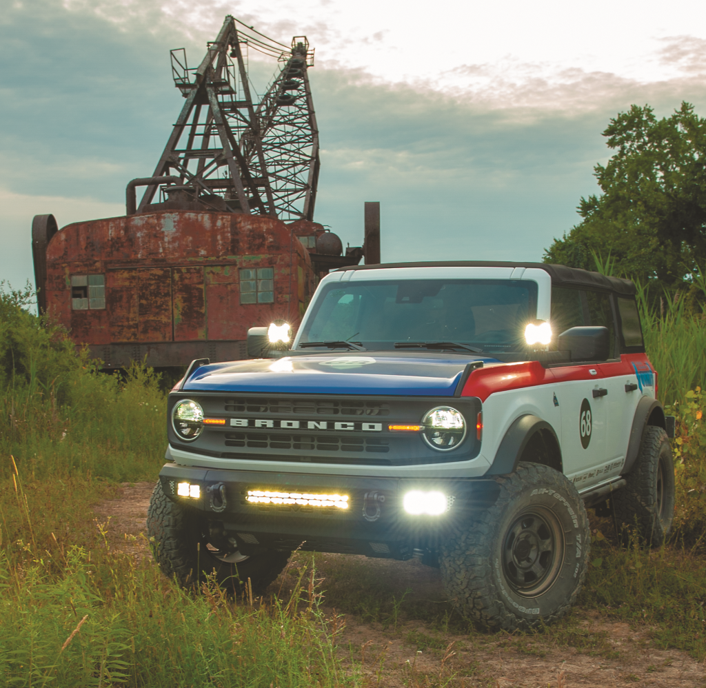 summit racing ford baja brono project in front of rusty crane