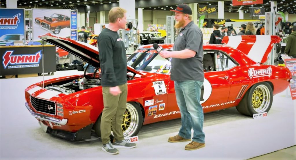 Summit Racing and RJ talk near Big Red Camaro