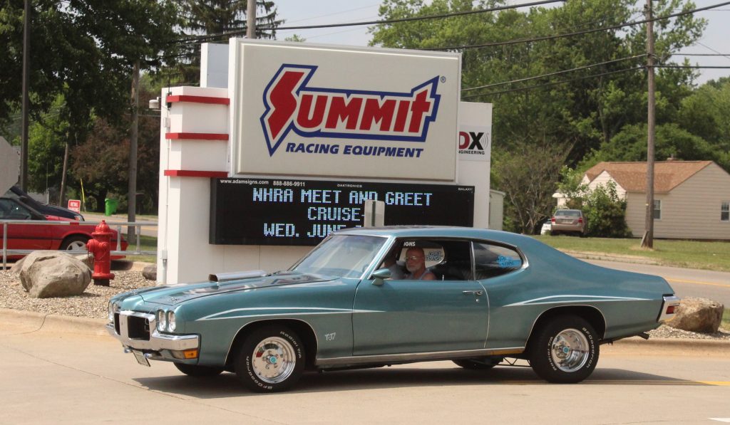 pontiac T-37 pro street entering summit racing parking lot