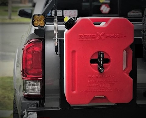 rotopax gas can jug on the back of a truck