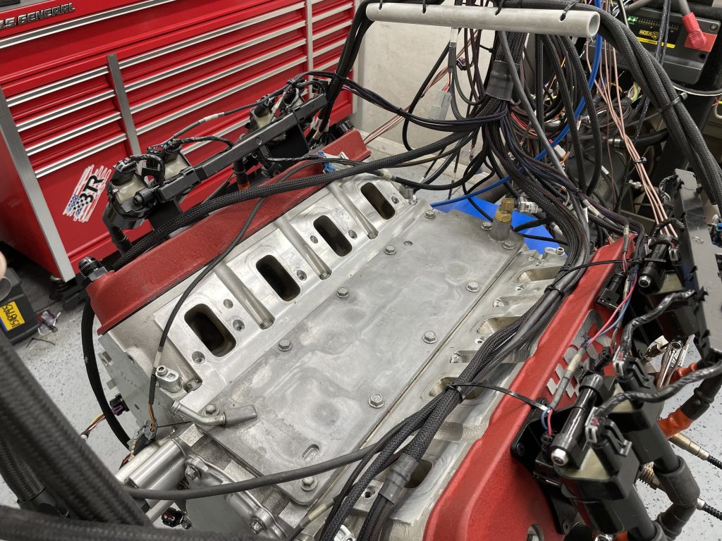 LS Engine on dyno with intake manifold removed