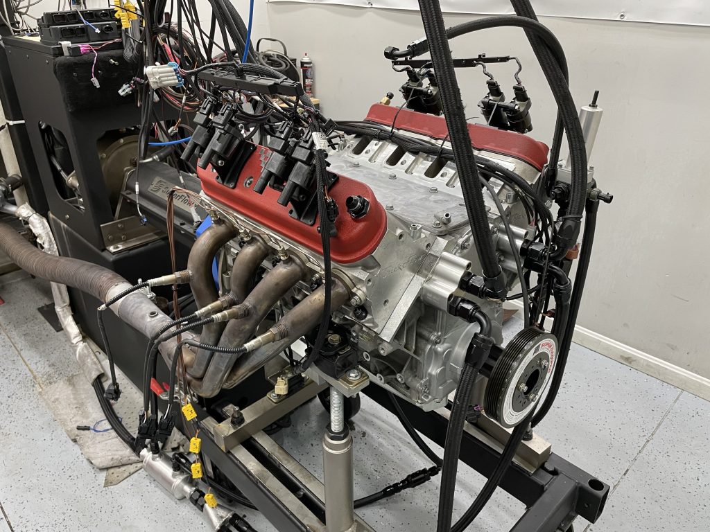 LS Engine on a dyno with intake removed