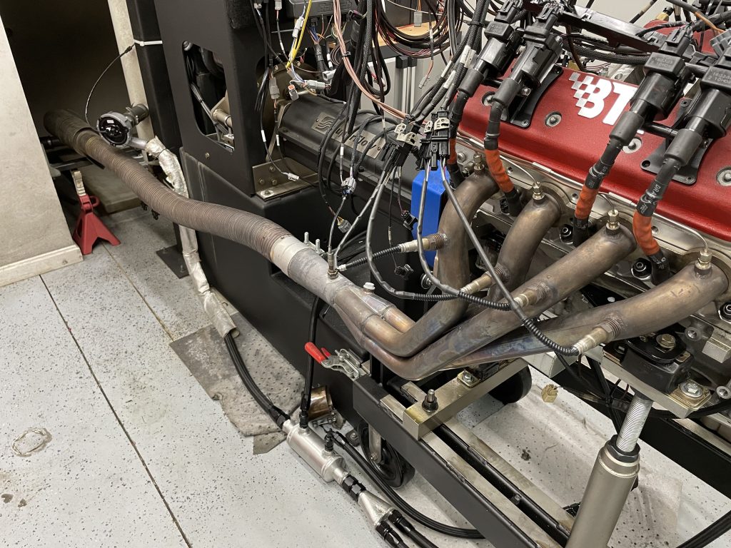Close up of headers on an LS engine during dyno run