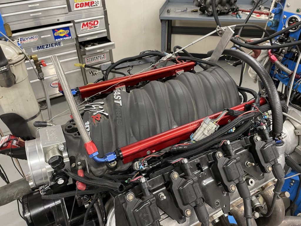 ls engine on dyno with fast intake manifold