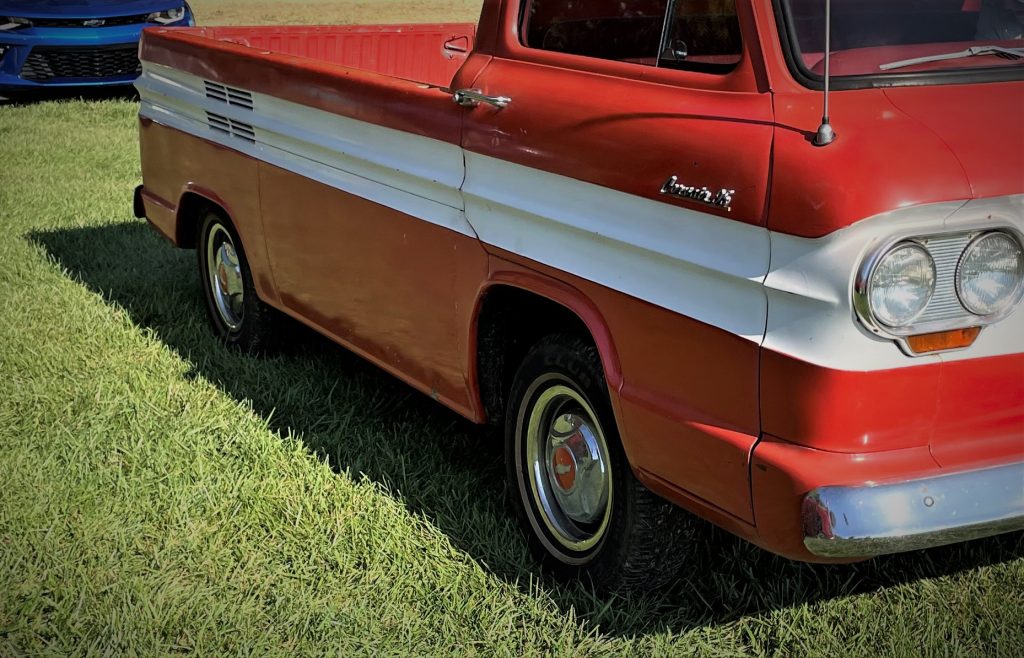 close up of bedside on a 1962 chevy corvair greenbriar loadside truck