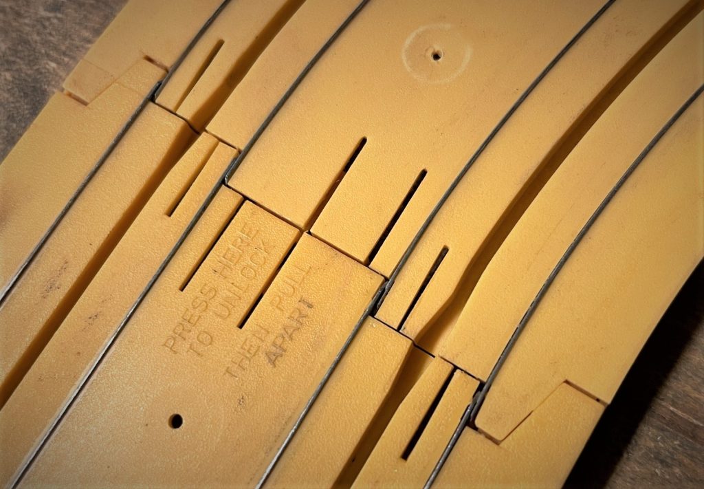 close up of slot car track connection