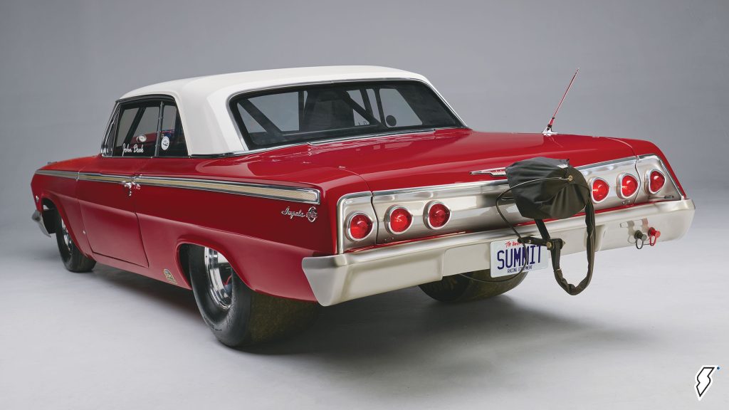 rear view of a 1962 chevy impala drag race car