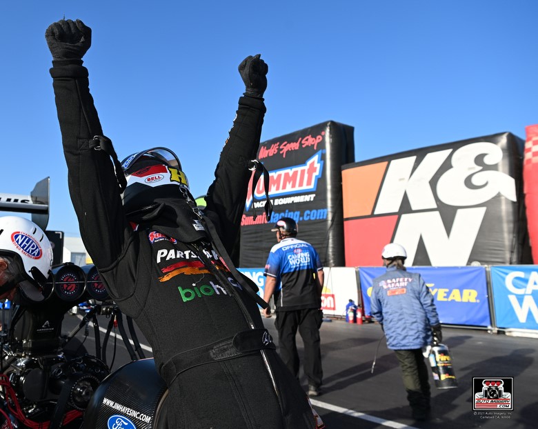 clay millican cheering after win at 2023 nhra Midwest nationals