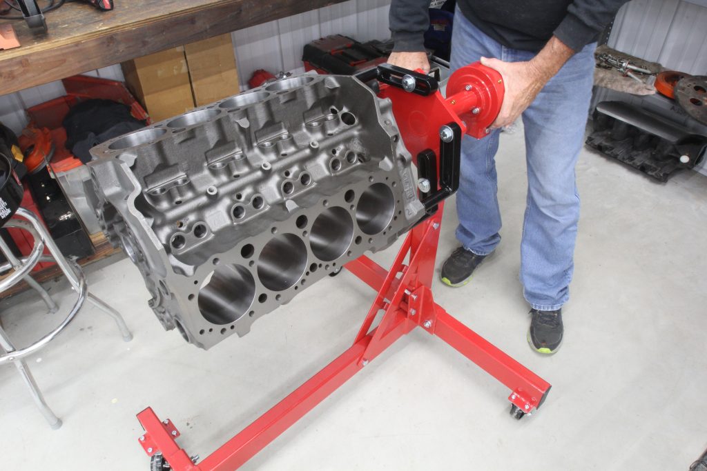 bare Engine block on an engine stand