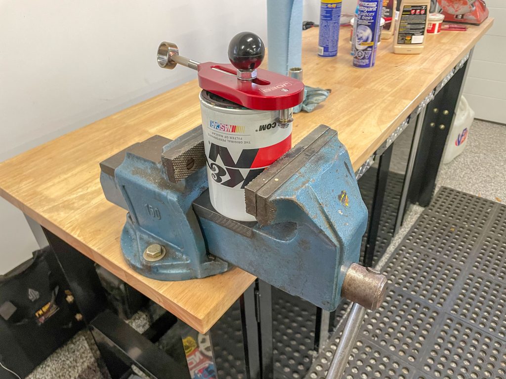 k&N Oil Filter getting cut open in a vise