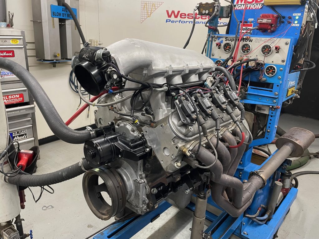 close up of intake on an ls engine on dyno