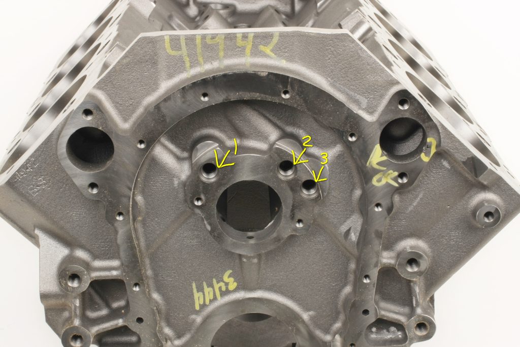 front of an engine block with bolt hoes numbered