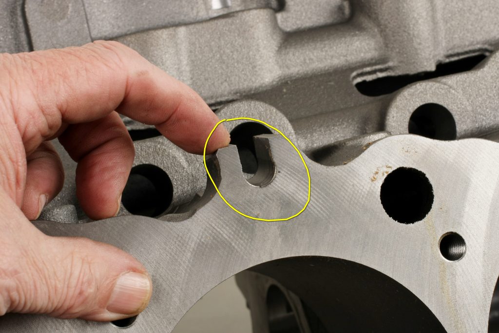 groove cut in an engine block casting