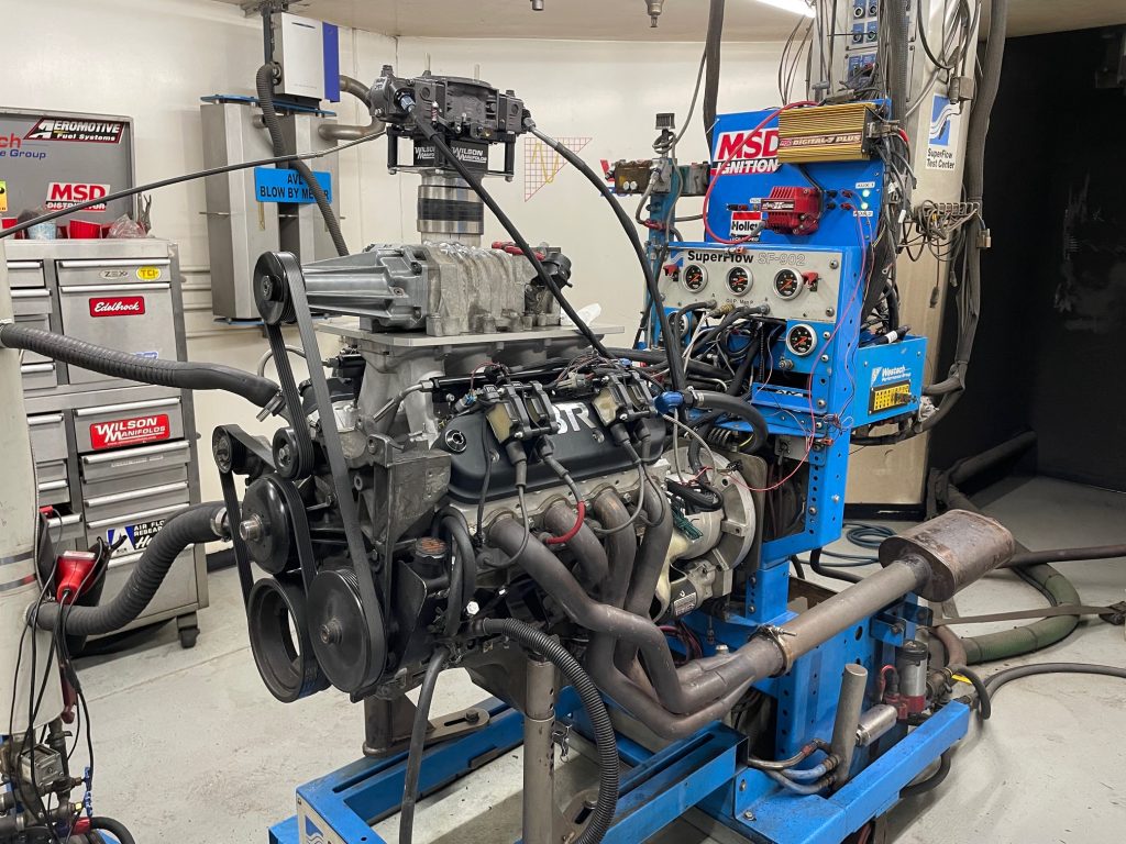carbureted supercharged engine on dyno for test